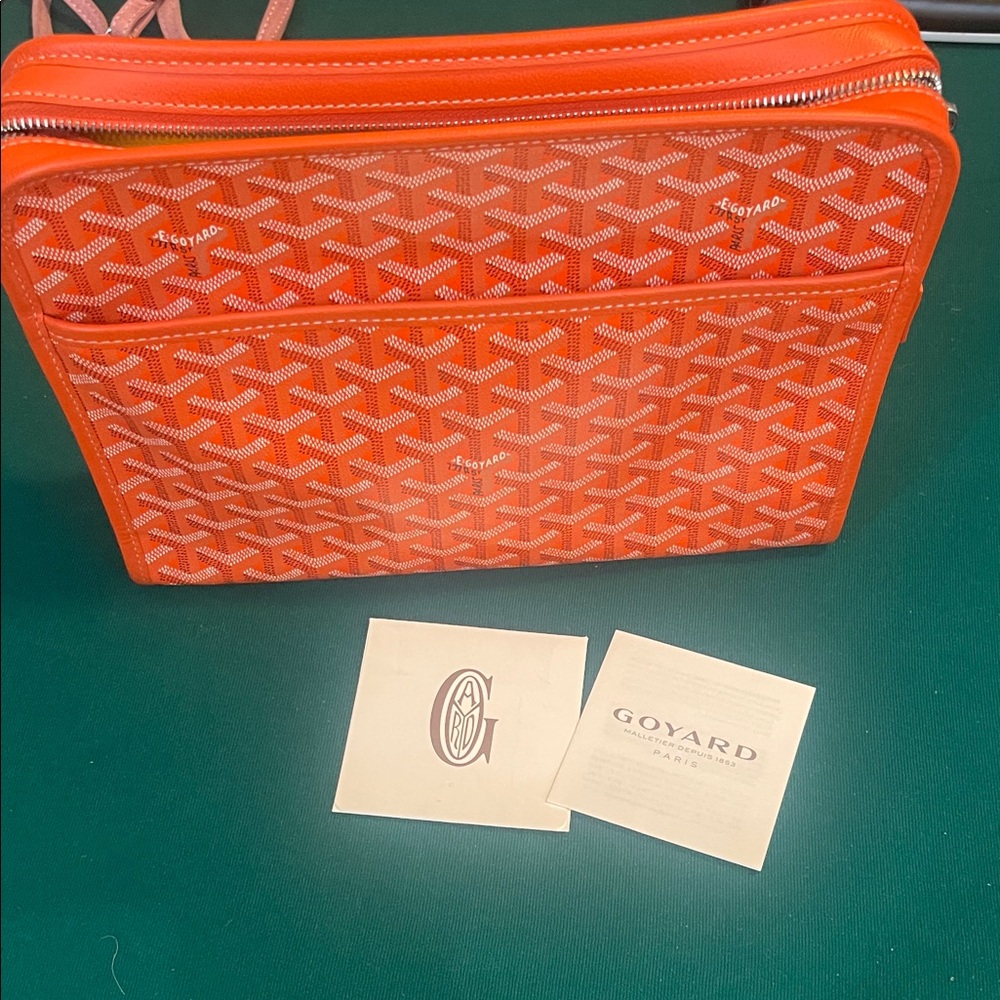 Goyard Orange Chevron Canvas Zip Pouch Tote